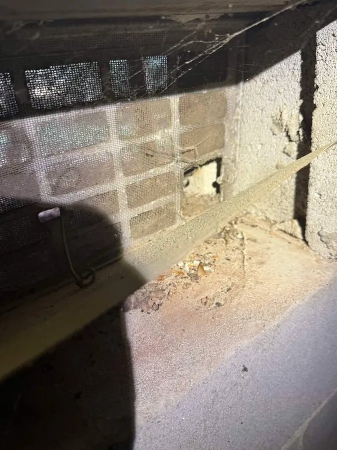 Crawlspace entry through broken foundation block