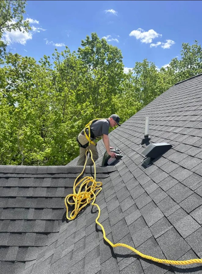 Technician inspecting roof for bat entry points